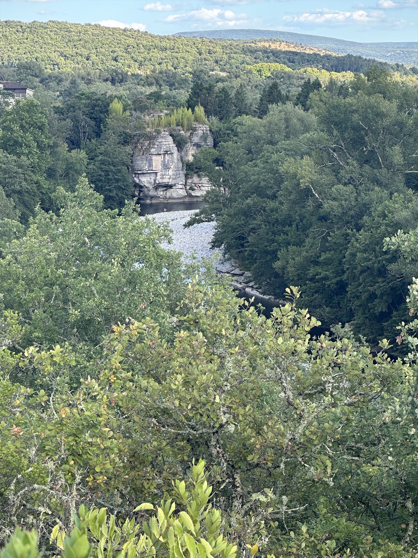 Vue depuis les hauteurs sur la rivière Beaume entourée de falaises et de forêt
