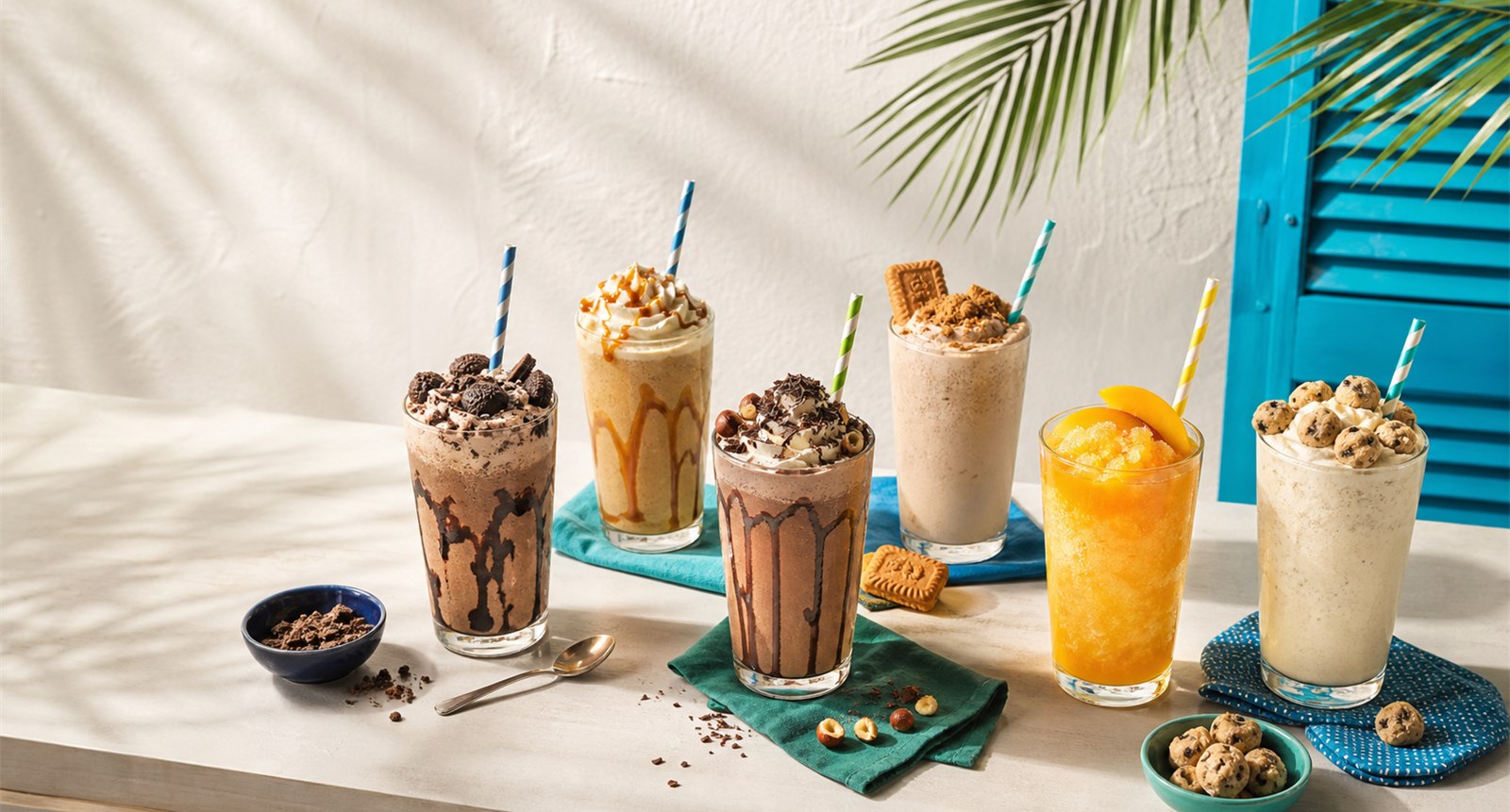Six boissons glacées maison présentées sur une table claire